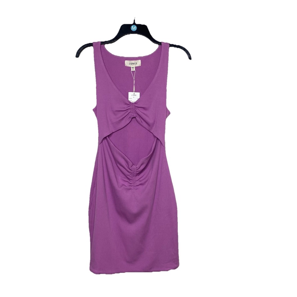 L*Space Ellie Dress Womens L Purple Ribbed Cutout Bodycon Mini Sleeveless Ruched